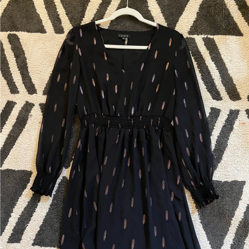 1 State Womens Black Metallic Print Smocked Long Sleeve Sheath Dress